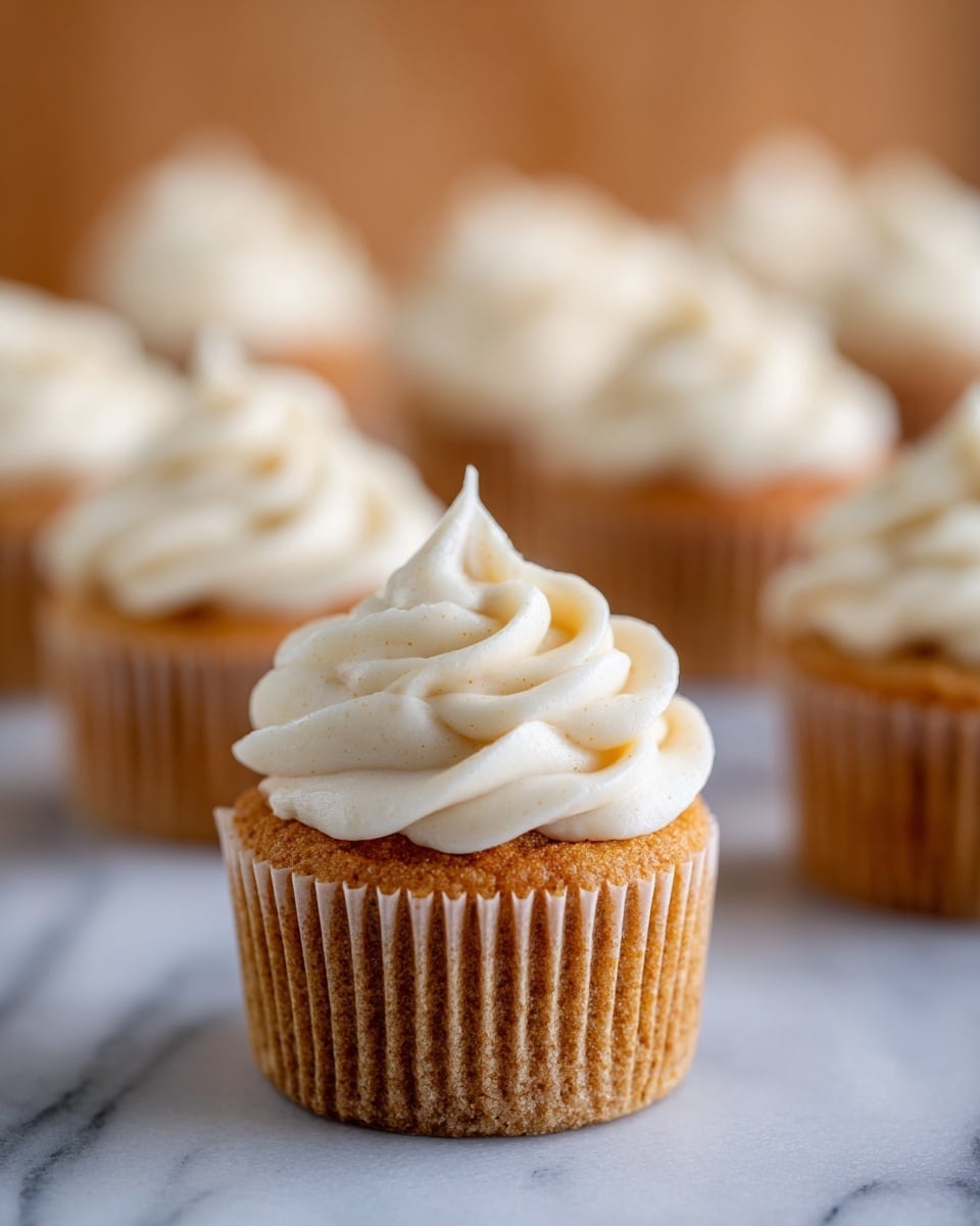 The image shows several small cupcakes arranged closely together on a white marbled surface. Each cupcake has one layer of golden brown cake at the base, topped with one thick swirl of white creamy frosting. Some cupcakes have small, round orange and yellow sprinkles scattered on top of the frosting and a few sprinkles also lie on the surface around them. The texture of the frosting appears smooth and slightly fluffy. The focus is sharp on the cupcakes near the center, while others in the background blur gently. Photo taken with an iphone --ar 4:5 --v 7