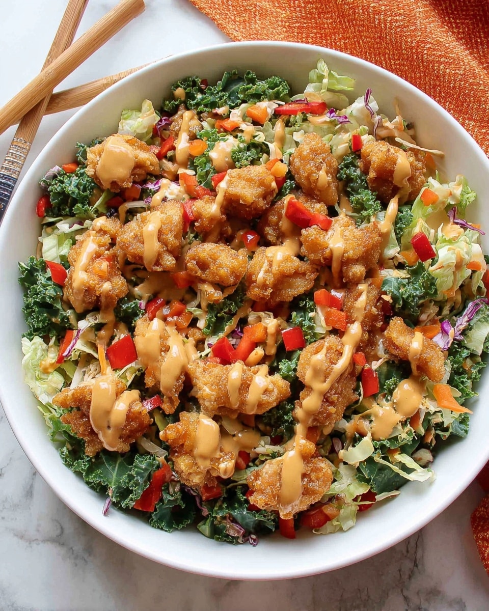 A white bowl filled with chopped mixed greens like kale and cabbage forms the base, topped with small pieces of golden crispy fried chicken scattered evenly across the salad. Red bell pepper chunks add bright pops of color, while a creamy light brown sauce is drizzled over everything, creating a glossy texture. The bowl sits on a white marbled surface with an orange cloth and wooden chopsticks in the background. Photo taken with an iphone --ar 4:5 --v 7