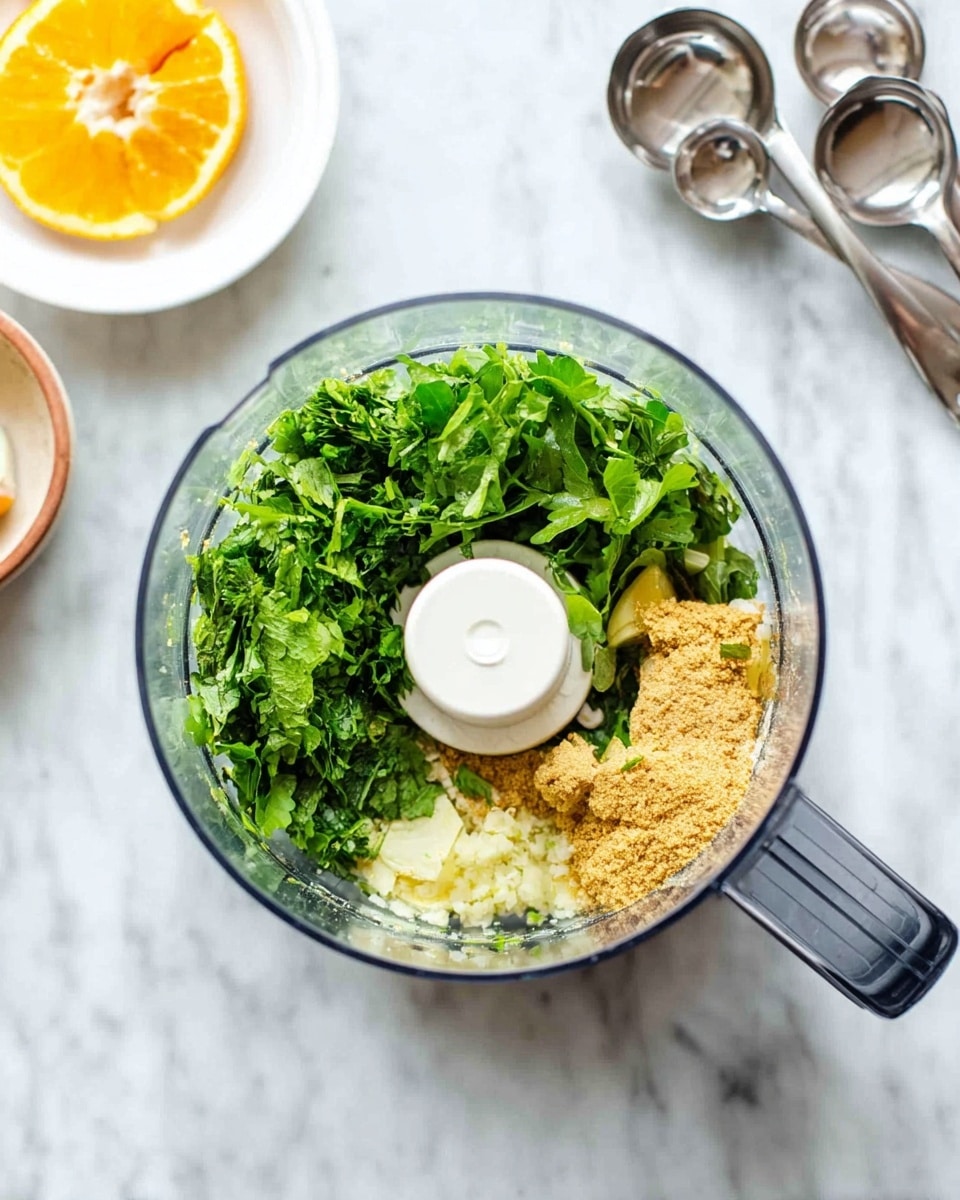 A clear food processor bowl is shown from above, filled with bright green leafy herbs piled on one side, a small heap of light brown powder on another side, and finely chopped pale yellow garlic near the center. The sharp white blade hub stands in the middle, surrounded by the ingredients. The food processor is on a white marbled surface. To the top left, there is a white bowl with an orange citrus half and juice marks inside. To the top right, several metal measuring spoons rest on the marble surface. Photo taken with an iphone --ar 4:5 --v 7