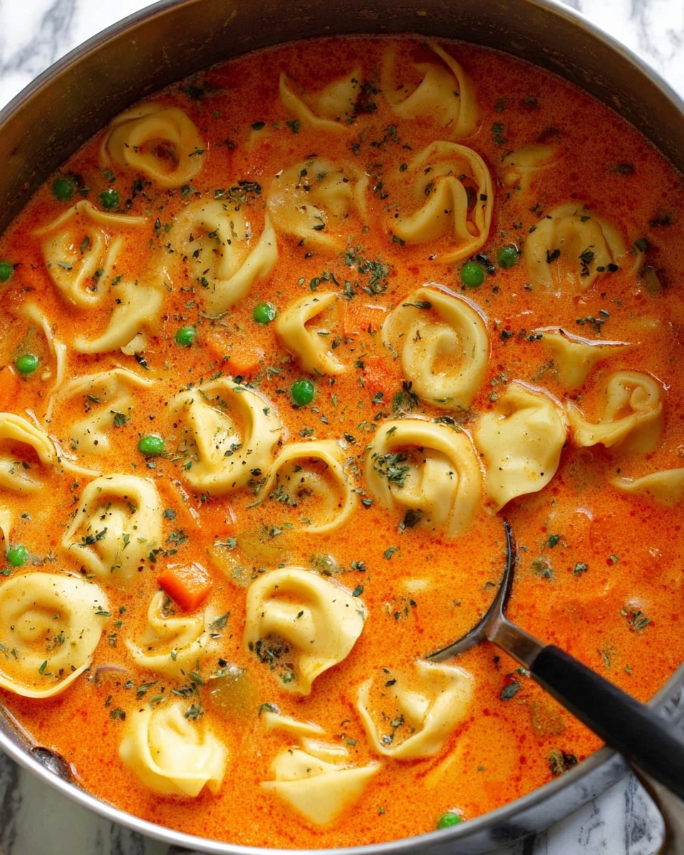 This image shows a close-up view of a pot filled with a red-orange creamy soup. The soup has many pale yellow tortellini pasta pieces floating on top, each with a folded shape and smooth texture. There are small green peas and soft pieces of orange carrot mixed evenly throughout the soup. Tiny black and green herb specks are sprinkled across the surface, adding contrast against the soup's bright color. A metal ladle with a black handle is partially submerged on the right side of the pot. The pot is on a white marbled surface. photo taken with an iphone --ar 4:5 --v 7