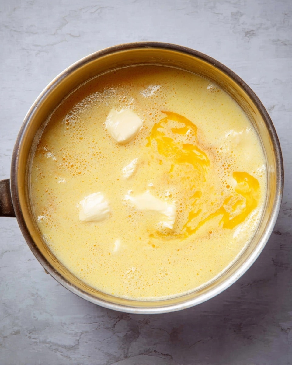 The image shows a stainless steel pot filled with a creamy yellow mixture, likely a sauce or batter, with visible clumps of melted butter on the surface. The mixture has a smooth texture with swirls of orange-yellow fat floating around, suggesting the butter is just melting in. The pot sits on a light grey surface, but the background is changed to a white marbled texture. photo taken with an iphone --ar 4:5 --v 7