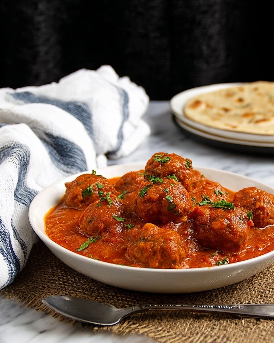 A white bowl filled with two layers of round, brown meatballs covered in thick, bright orange-red sauce, sprinkled with small green parsley pieces on top. The bowl sits on a rustic woven mat on a dark surface with a silver spoon placed in front. In the background, there is a white cloth with blue stripes and a glimpse of flatbread on a white plate, all set on a white marbled texture, with a dark, blurry background. Photo taken with an iphone --ar 4:5 --v 7
