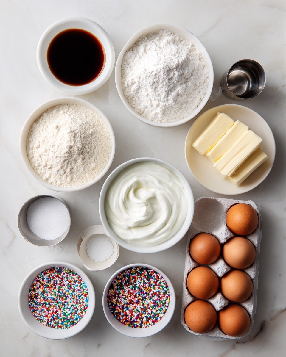 The image shows a top view of baking ingredients neatly arranged on a white marbled surface. There are eleven key items: a small white bowl filled with dark brown vanilla extract, a medium white bowl with off-white gluten-free flour, a smaller white bowl with pure white cornstarch, a small white bowl holding white baking powder, a stainless steel cup filled with thick white Greek yogurt, a large white bowl with fine white sugar, a tiny white bowl with white salt, a pack of two sticks of light cream-colored unsalted butter stacked together, a small white bowl containing white baking soda, a small white bowl full of colorful round sprinkles, and a white ceramic container holding four brown eggs. Each ingredient is clearly visible with its own distinct texture and color. The lighting is soft and natural with gentle shadows. Photo taken with an iphone --ar 4:5 --v 7