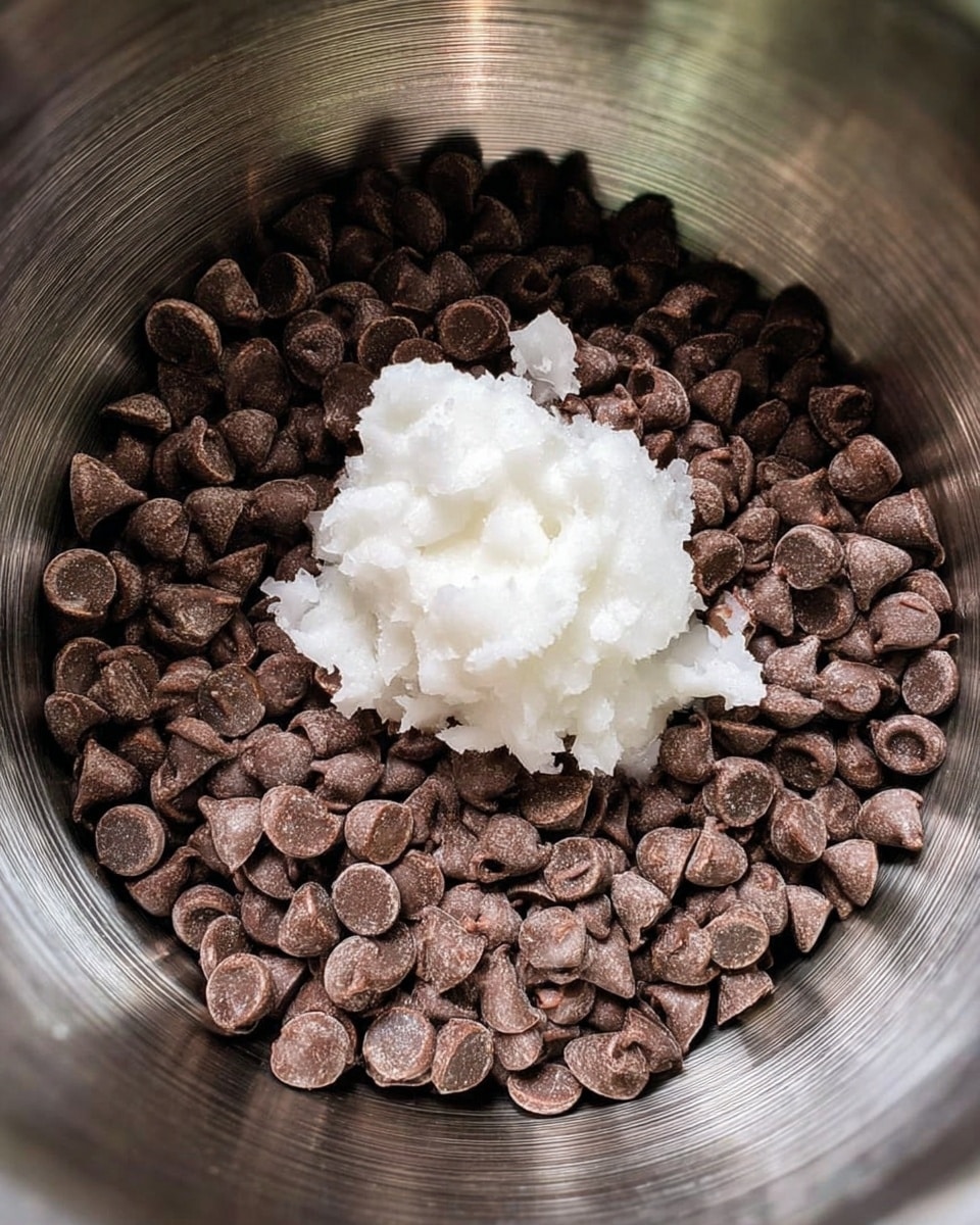A close-up view of a metal mixing bowl filled with many small, dark brown chocolate chips as the base layer, with a dollop of white, solid coconut oil placed on top in the center. The chocolate chips have a smooth and slightly shiny surface, while the white coconut oil contrasts with its soft and grainy texture. The bowl shows a smooth metallic sheen inside, highlighting the ingredients clearly. The photo taken with an iphone --ar 4:5 --v 7