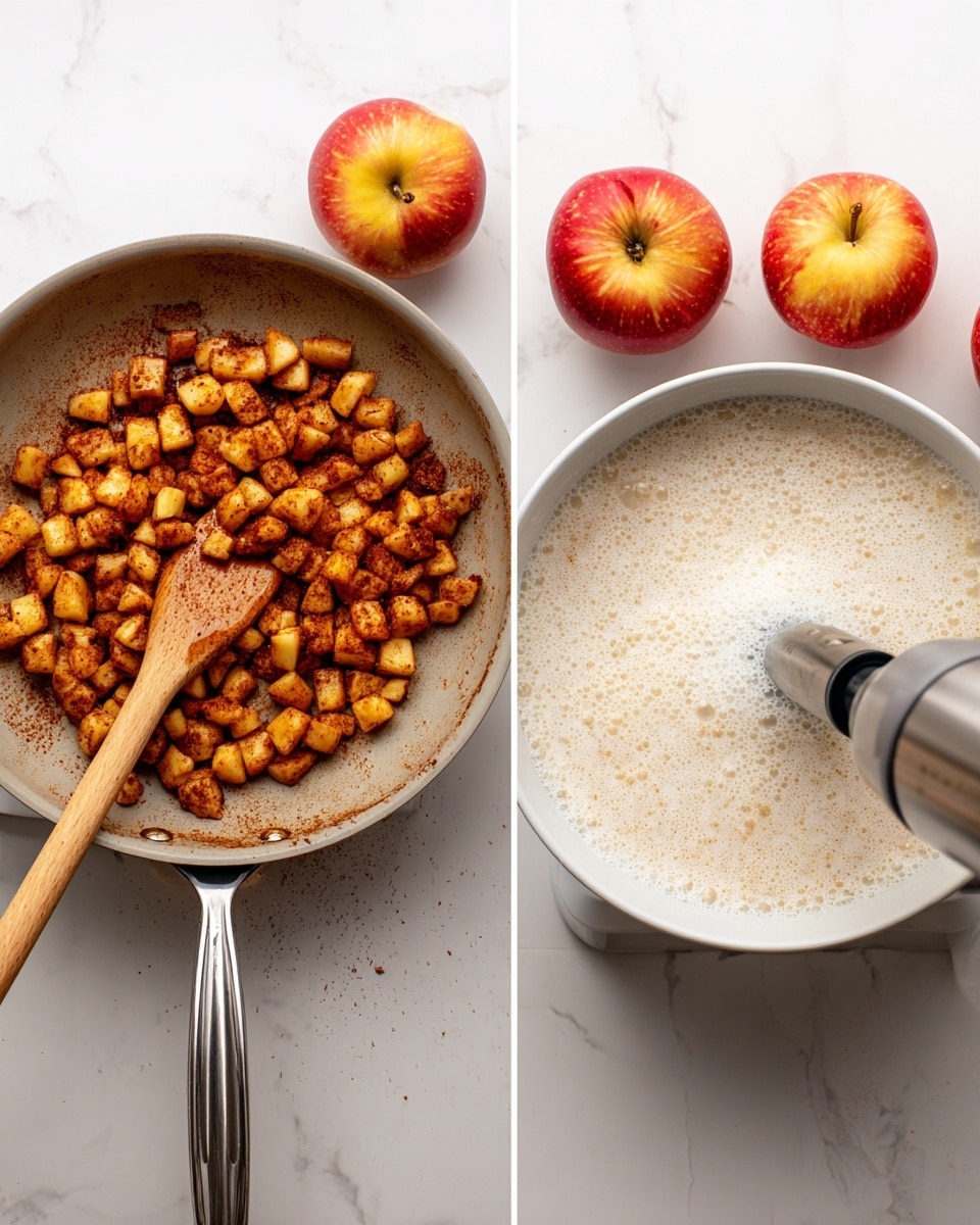 The image shows two side-by-side photos on a white marbled surface with three whole apples placed near the edges. The left photo features a pan filled with small, browned apple cubes mixed with cinnamon or similar spices, stirred with a wooden spatula that rests diagonally inside the pan. The right photo shows a white bowl filled with a frothy, creamy mixture being blended by a stainless steel immersion blender positioned upright in the bowl. The bright apples add a pop of red and yellow color against the simple white marbled background. Photo taken with an iphone --ar 4:5 --v 7
