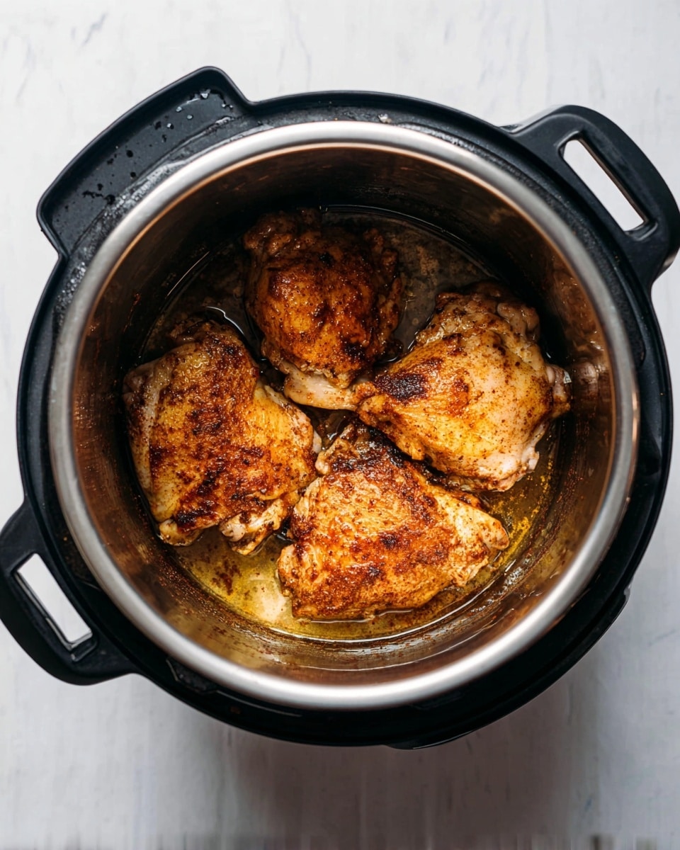 Four pieces of cooked chicken thighs with a golden brown color and seared spices lie in the stainless steel inner pot of a black electric pressure cooker. The chicken pieces have a slightly crispy texture, sitting on a thin layer of cooking juices and browned bits on the pot bottom. The pressure cooker is placed on a white marbled surface, with the black handles of the cooker visible on each side. photo taken with an iphone --ar 4:5 --v 7