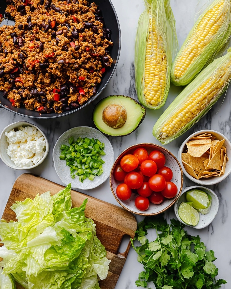 The image shows a black pan on the left filled with a cooked mix of brown ground tofu and black beans with bits of red pepper, creating a textured and colorful layer. Next to the pan, in the middle, there are two partially husked ears of yellow corn with green husks and silk. Below them, a halved avocado with bright green flesh and a large brown seed is placed. To the right are two small white bowls, one holding chopped green onions and the other with chopped bright red cherry tomatoes. At the bottom center, a wooden cutting board holds chopped pale green iceberg lettuce, larger green romaine leaves, and a pile of bright red cherry tomatoes. Fresh green cilantro sprigs rest to the right side of the lettuce. Near the bottom left corner, there is a small white bowl filled with crushed crispy tortilla strips and another white bowl with some white crumbled cheese. Lime wedges in light green color lie near the bottom edge. All items are set on a white marbled surface. Photo taken with an iphone --ar 4:5 --v 7