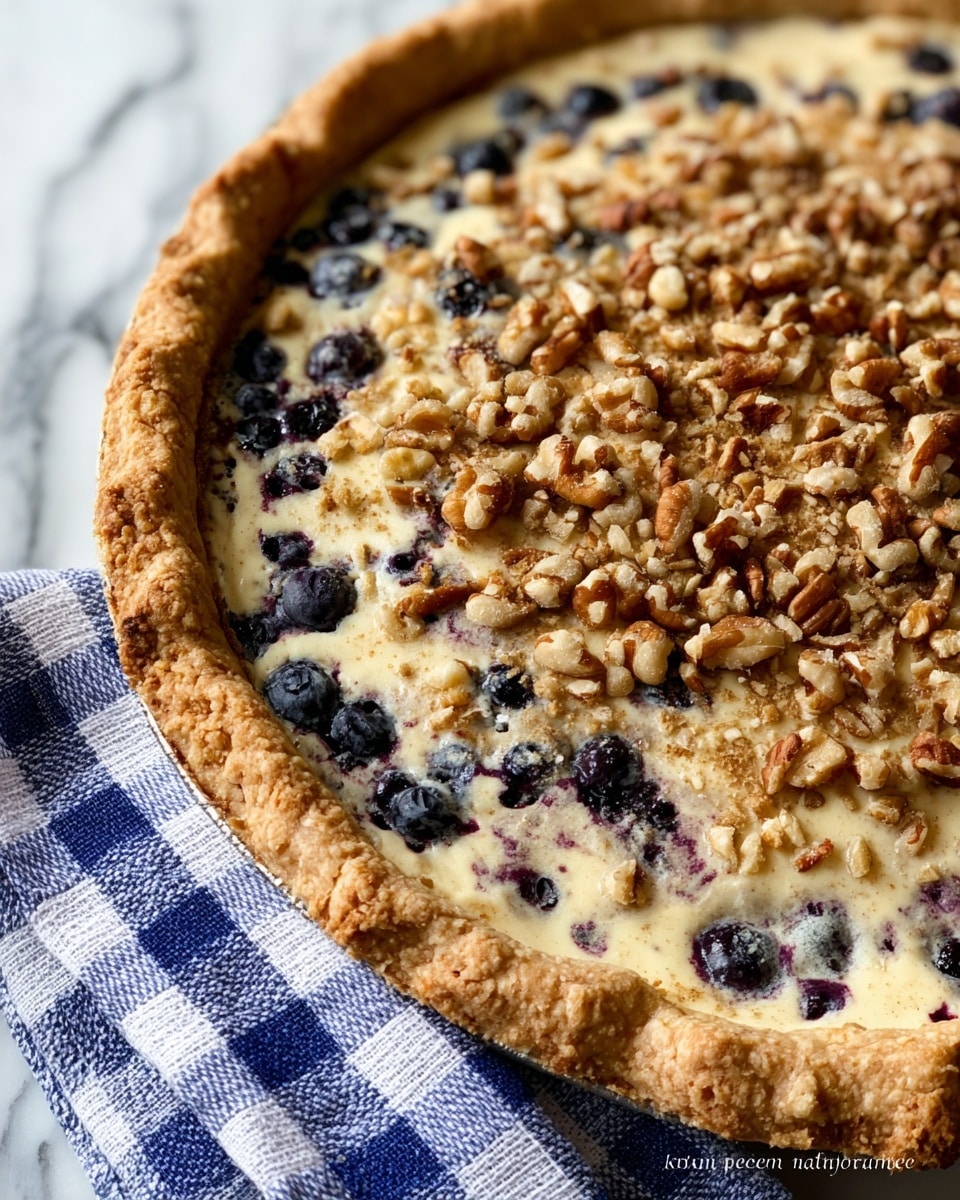 A close-up view of a round pie with a thick, golden-brown crust around the edges, showing a slightly crinkled texture. The pie filling has a creamy beige base with visible dark blue berries scattered throughout, adding a pop of color. On top, there is a generous layer of chopped walnuts spread unevenly across the surface, adding a rough, crunchy texture. The pie rests on a white marbled surface with a blue and white checkered cloth partially underneath it. Photo taken with an iphone --ar 4:5 --v 7