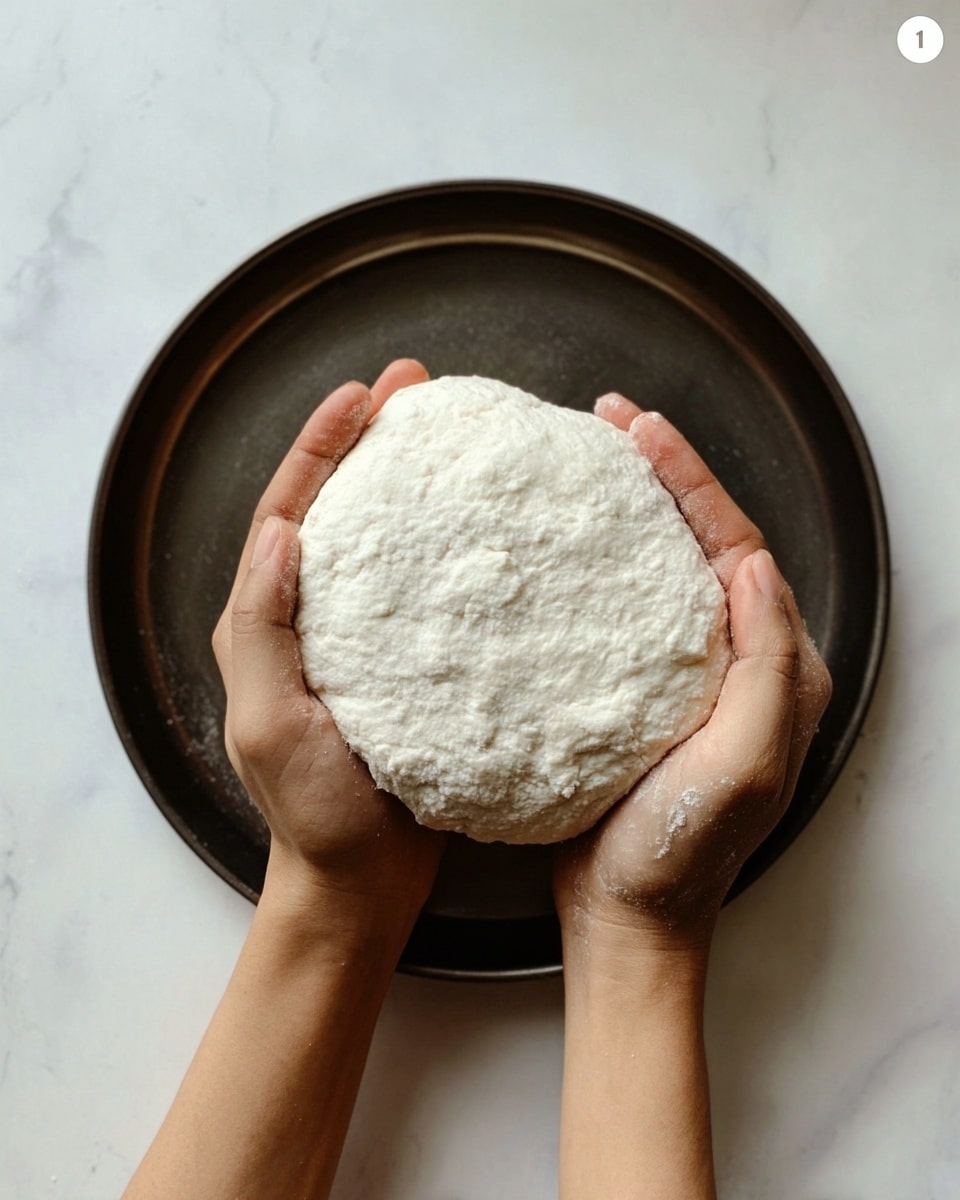 A woman's hands are holding a round, white dough ball with a rough, slightly uneven texture. The dough looks soft and fluffy. Below the hands, there is a dark round tray resting on a white marbled surface. The lighting is natural and soft, showing details on the dough and hands. photo taken with an iphone --ar 4:5 --v 7