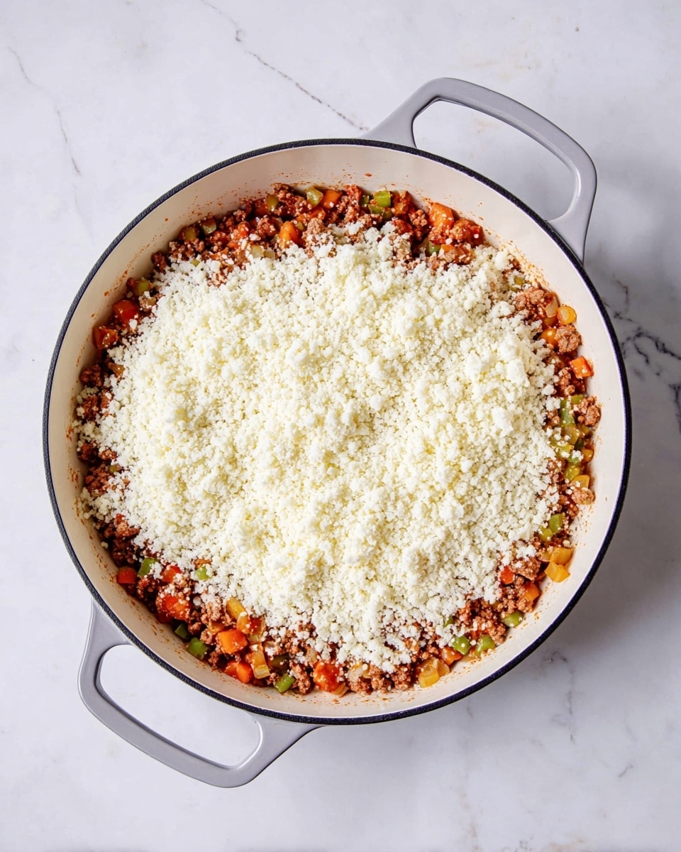 A round white pan with gray handles sits on a white marbled surface, filled with a base layer of cooked ground meat mixed with small diced vegetables in colors of red, green, and orange, all lightly covered in a reddish sauce. On top of this, there is a thick, even layer of finely grated white cauliflower, almost covering the mixture beneath it. The pan has black trim on the edge and the food is centered in the pan. Photo taken with an iphone --ar 4:5 --v 7