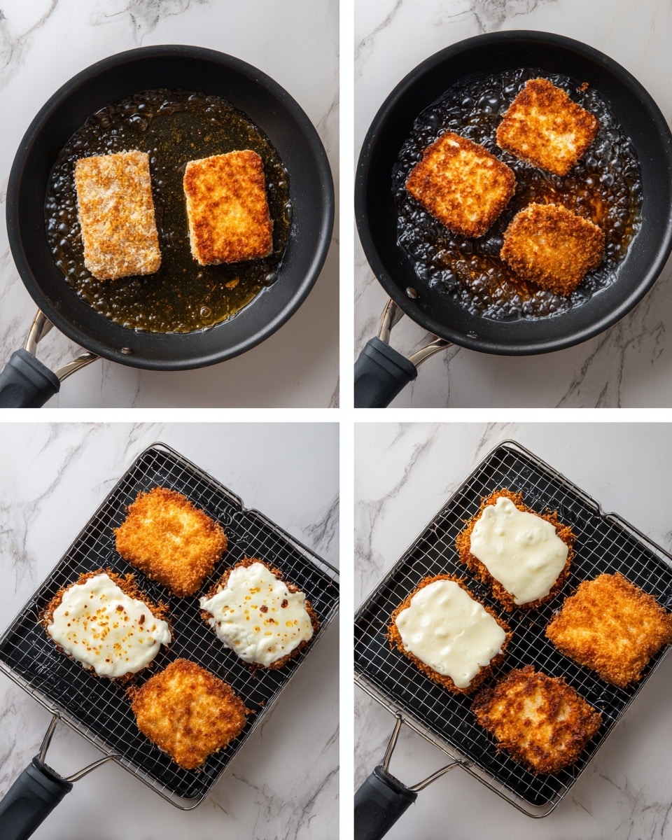The image shows a four-step cooking process in separate square frames. In frame one, two pieces of raw breaded food with a rough light brown and beige texture fry in hot oil inside a black pan. Frame two shows the same pieces turned over, now with a darker, crispy golden-brown crust on top while sizzling still in the black pan. Frame three displays four fully cooked crispy brown pieces laid on a black wire rack; each piece is topped with a thick layer of white, soft cheese spread unevenly. Frame four shows the same four pieces on the wire rack, the cheese now lightly browned and melted with hot spots giving a golden touch, indicating it has been broiled or baked to finish. The background under the wire rack is a white marbled texture. photo taken with an iphone --ar 4:5 --v 7