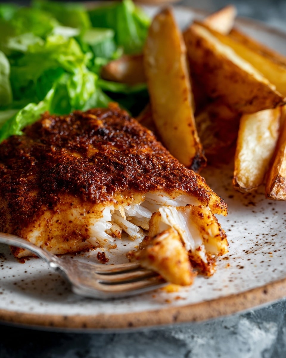A white speckled plate holds a piece of dark brown, spicy-coated fish fillet at the bottom right, with a small section gently pulled apart by a silver fork, showing a white flaky inside. Above the fish, there is a heap of thick, golden-brown potato wedges with a slightly crispy texture and seasoned with black pepper, stacked in a casual pile. On the left side of the plate, a small bunch of fresh, bright green leafy salad adds a fresh contrast to the warm colors of the main items. The plate sits on a white marbled surface. photo taken with an iphone --ar 4:5 --v 7