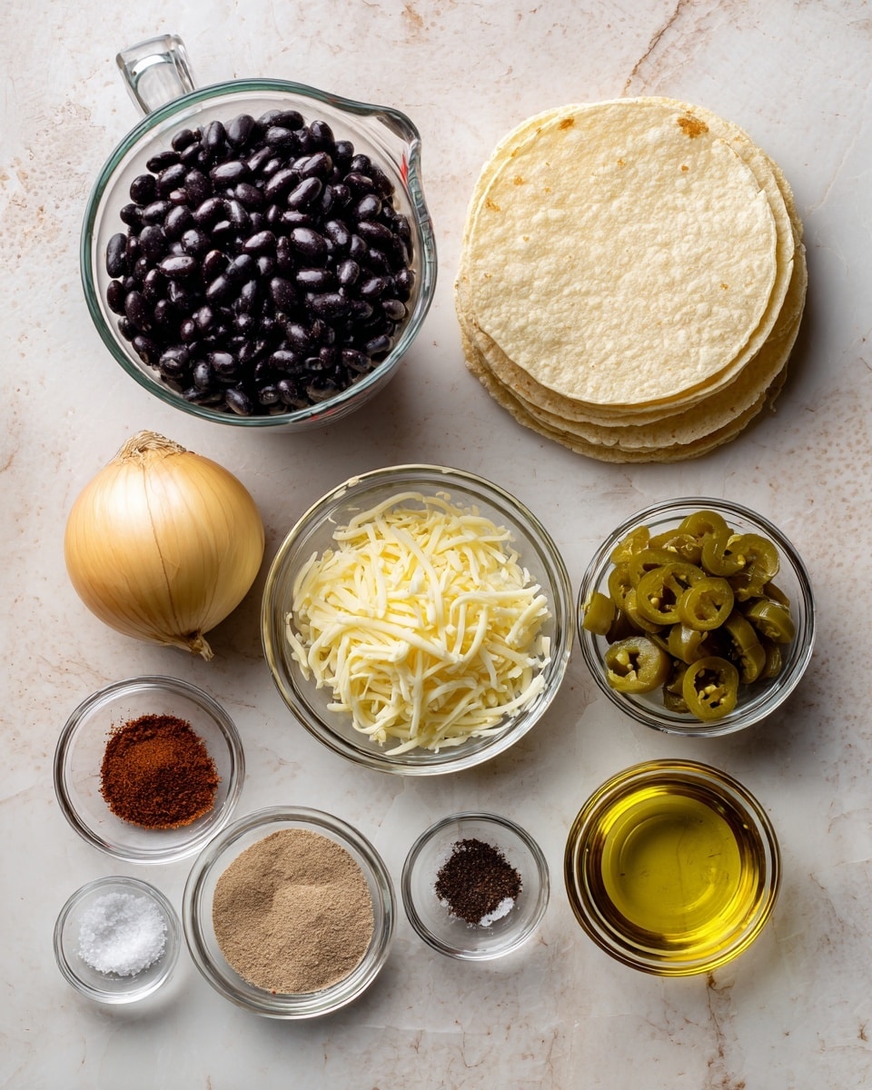 The image shows a flat lay of ingredients arranged neatly on a white marbled surface. At the top left, there is a clear glass measuring cup filled with shiny black beans. To the right, there is a stack of pale yellow corn tortillas. Below the black beans, a small glass bowl is filled with shredded light-yellow Monterey Jack cheese. Next to the cheese on the right, a small glass bowl contains sliced green pickled jalapenos. In the center, there is a whole yellow onion. Below the onion and cheese, there are three small glass bowls with fine powders: brown chile de Cobán, light-beige garlic powder, and dark-brown cumin. To the left of these, a small glass bowl holds white salt. On the bottom right, a clear glass bowl contains vegetable oil. The overall composition highlights each ingredient clearly and neatly, making it easy to identify all the components. Photo taken with an iphone --ar 4:5 --v 7