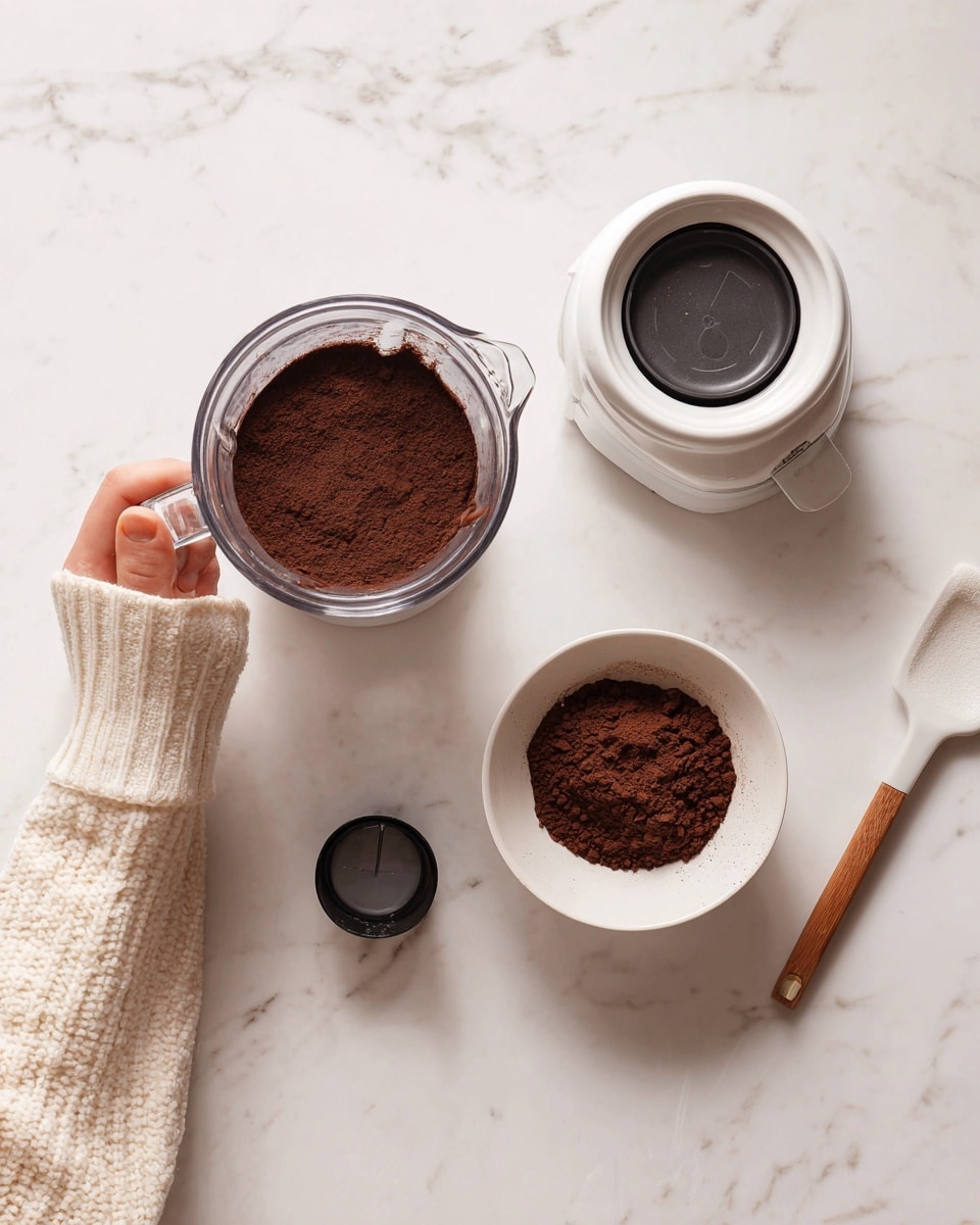 The image shows two side-by-side views on a white marbled surface. On the left, a woman's hand holds a clear blender cup filled with a dark brown powder, with the blender base and lid nearby. The woman's cream-colored sweater sleeve is visible, touching the cup. On the right side, the dark brown powder is now transferred and neatly filled into a small white bowl placed in the center. The blender container and its parts, a black utensil, and a white spatula with a wooden handle sit around the bowl on the white marbled surface. photo taken with an iphone --ar 4:5 --v 7
