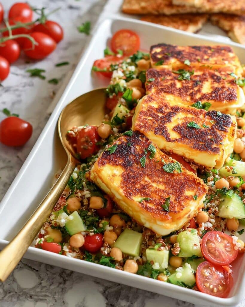 Warm Farro Salad with Crispy Harissa Halloumi Recipe