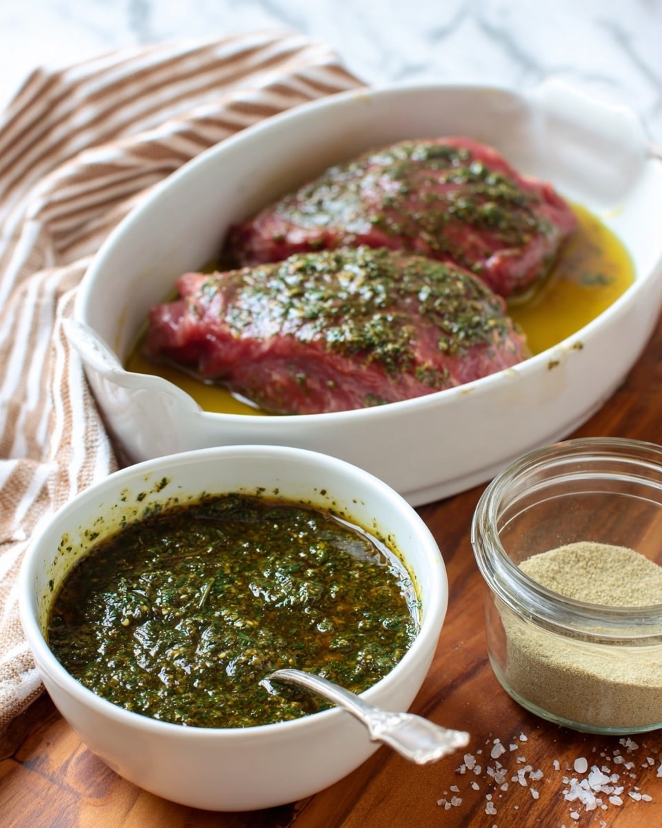 A small white octagonal bowl filled with dark green herb sauce that has a smooth liquid texture with visible small herb pieces, with some herbs sprinkled on top for garnish. A silver spoon with a narrow handle rests inside the bowl. In the background, there is a white casserole dish with marinated raw meat pieces that are red with a layer of green herb seasoning on top. The setting is on a wooden surface with a white marbled texture underneath and a striped cloth nearby. photo taken with an iphone --ar 4:5 --v 7