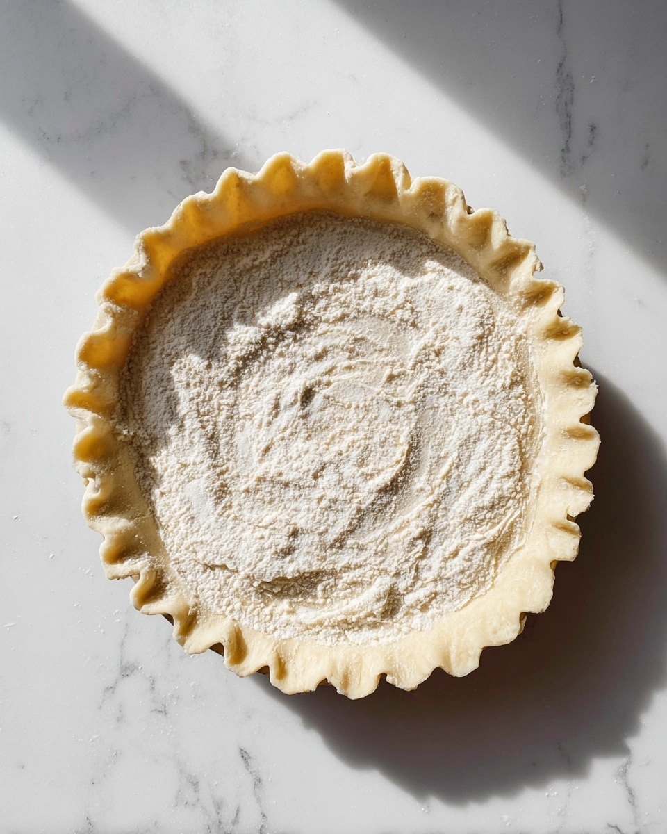 A round pie sits on a white marbled surface, showing one layer of light beige raw dough with crimped edges around the rim. The entire top layer is covered with a fine, powdery white flour dusting that has a soft, uneven texture. There is a faint swirl pattern under the flour in the center of the pie, giving a subtle texture difference. The photo is taken from above with bright natural light casting soft shadows along the edge of the pie rim. photo taken with an iphone --ar 4:5 --v 7