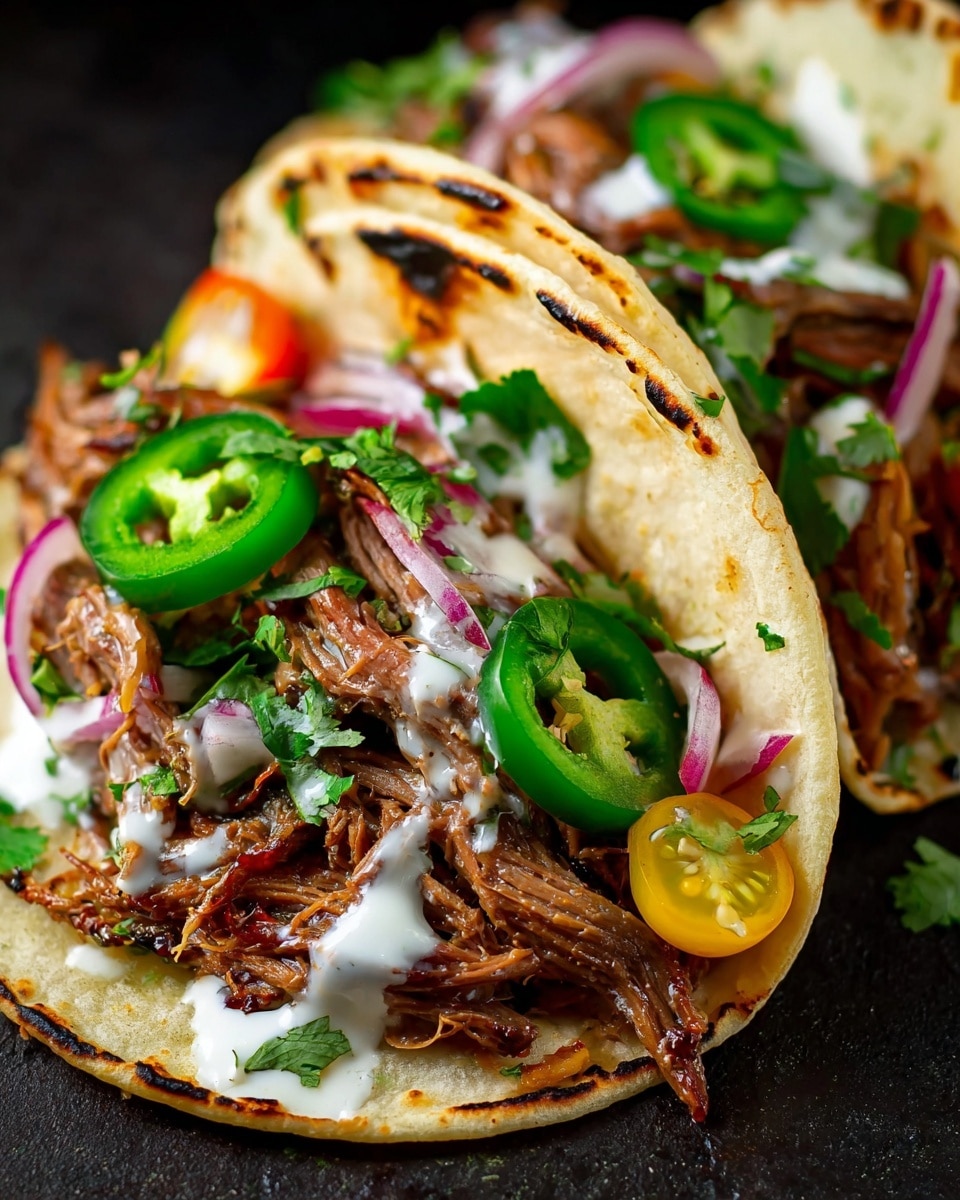The image shows two soft white corn tortillas with light charring on the edges, each filled with shredded brown meat as the main layer. The meat is topped with thin slices of bright green jalapeños, thin rings of purplish-red onion, small pieces of fresh green cilantro leaves, and a few yellow-red cherry tomato slices. A light drizzle of white cream sauce is spread unevenly over the fillings. The tacos rest on a rough dark surface, framed closely to highlight the detailed textures and colors of the ingredients. photo taken with an iphone --ar 4:5 --v 7