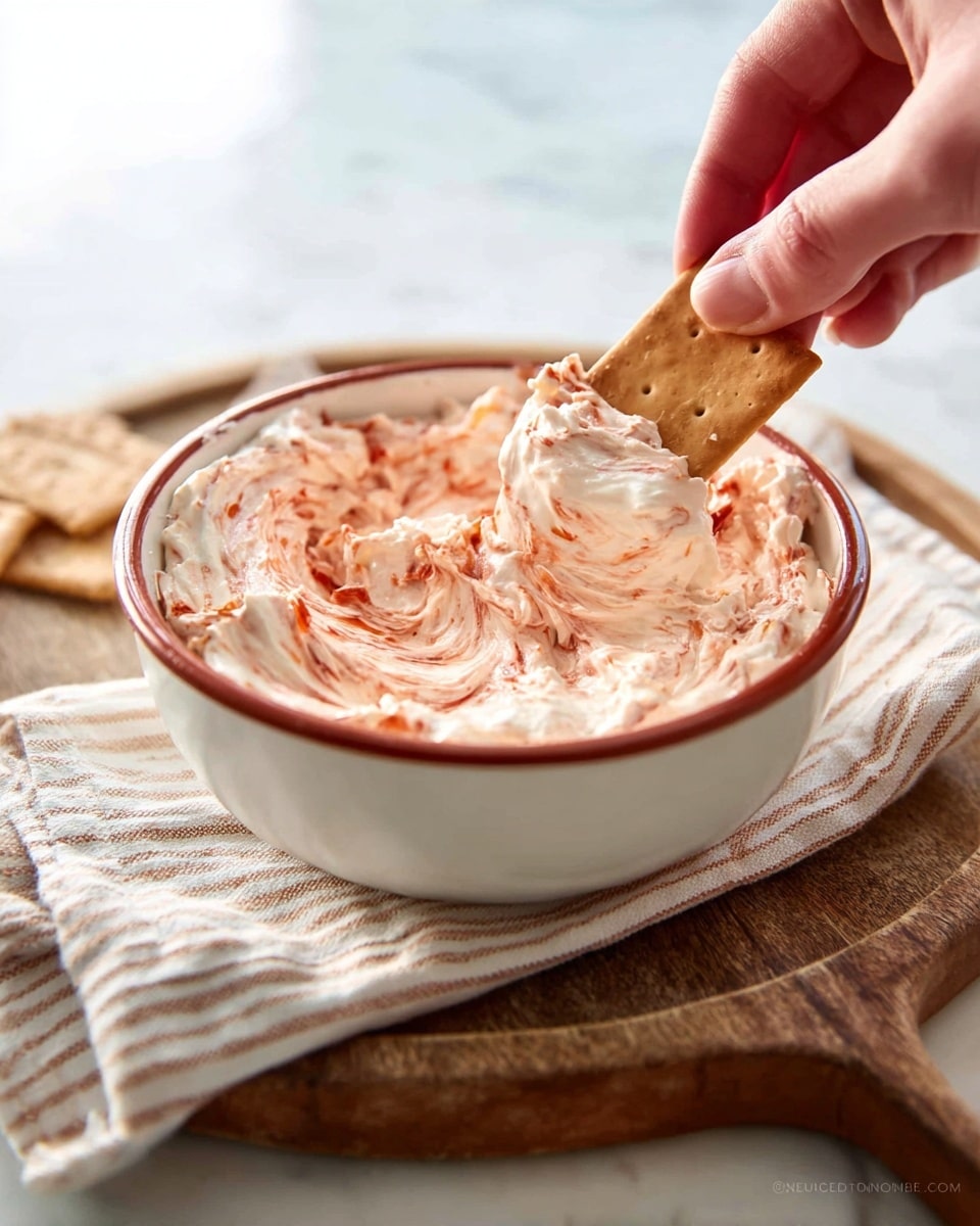 A white bowl with a thin reddish rim holds a creamy dip with swirls of light cream and reddish colors mixed together, creating a soft, textured look. A woman’s hand is dipping a rectangular light brown cracker into the dip. The bowl rests on a folded striped cloth on top of a round wooden board, all set against a white marbled surface. The scene is bright with natural light highlighting the smooth and thick texture of the dip photo taken with an iphone --ar 4:5 --v 7