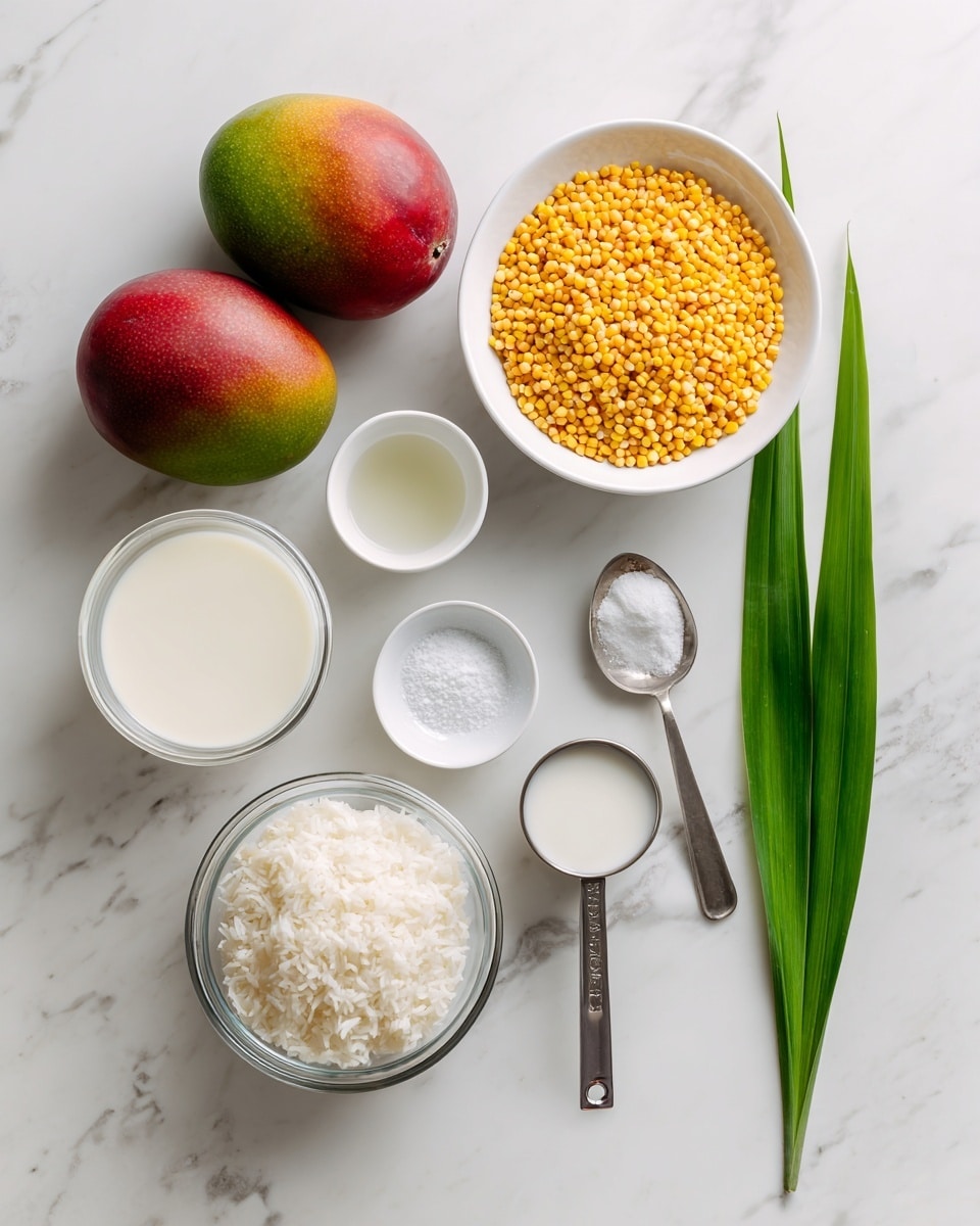 The image shows ingredients arranged neatly on a white marbled surface. At the top left, there are two ripe mangoes with red and green skin. To the right, a white bowl filled with small yellow mung beans or sesame seeds is placed. Below that, three smaller white bowls hold sugar, water, and white cornstarch powder. Towards the bottom left, there is a white bowl filled with white glutinous rice, next to a clear glass bowl with creamy white coconut milk. A silver measuring spoon with salt is near the bottom right. At the very bottom, two long green pandan leaves are laid horizontally. Each ingredient is labeled clearly with black text. Photo taken with an iphone --ar 4:5 --v 7