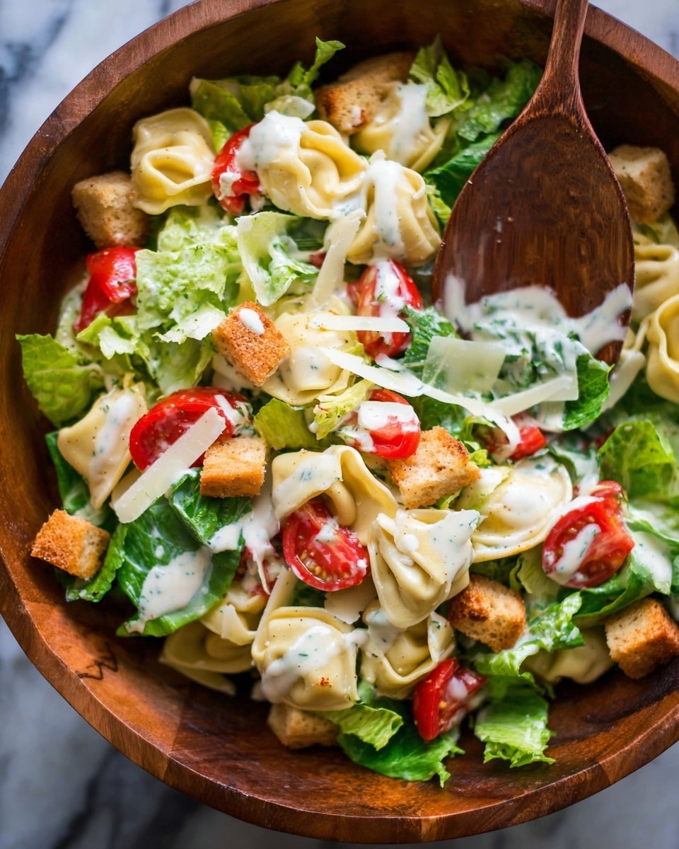 The image shows a white bowl full of fresh salad with four main layers. The bottom layer is dark green leaves that are fresh and crisp. On top of that, there are light yellow tortellini pasta pieces with a soft texture. Next, there are chopped red tomatoes scattered evenly. The final layer consists of small, golden-brown croutons with a crunchy texture sprinkled around. A light white creamy dressing is drizzled over the salad, adding a slightly glossy look. A silver fork rests inside the bowl on the right side, partially covered by the salad. The bowl is placed on a white marbled surface. photo taken with an iphone --ar 4:5 --v 7