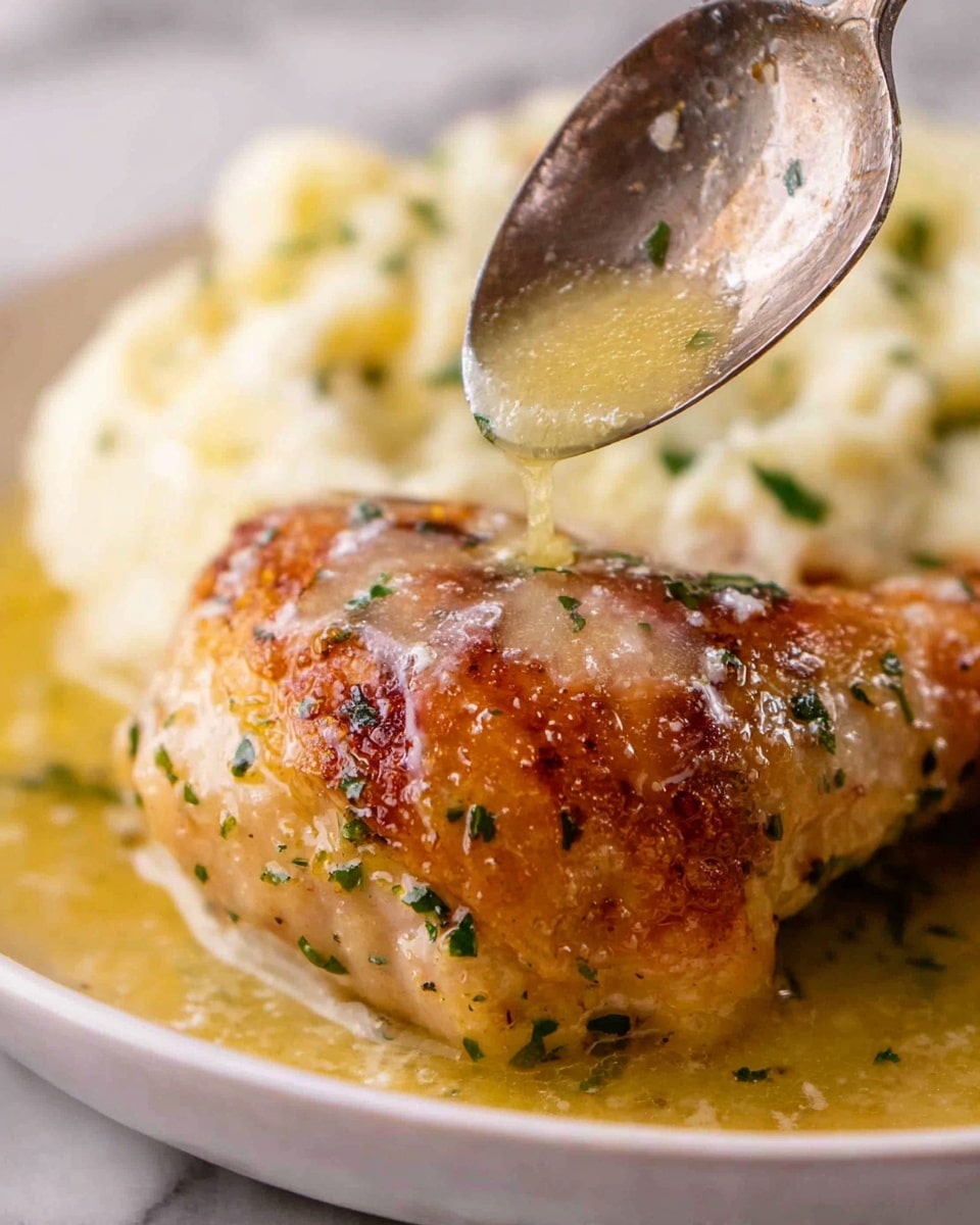 A close-up view of a single cooked chicken leg with golden brown, crispy skin and specks of green herbs sprinkled on top, sitting in a shallow layer of light yellow sauce. A spoon is pouring more sauce over the chicken, adding a shiny, smooth texture to the top. In the blurry background, there is a mound of creamy, off-white mashed potatoes with green herb bits. All of this is set on a white plate against a white marbled surface. photo taken with an iphone --ar 4:5 --v 7