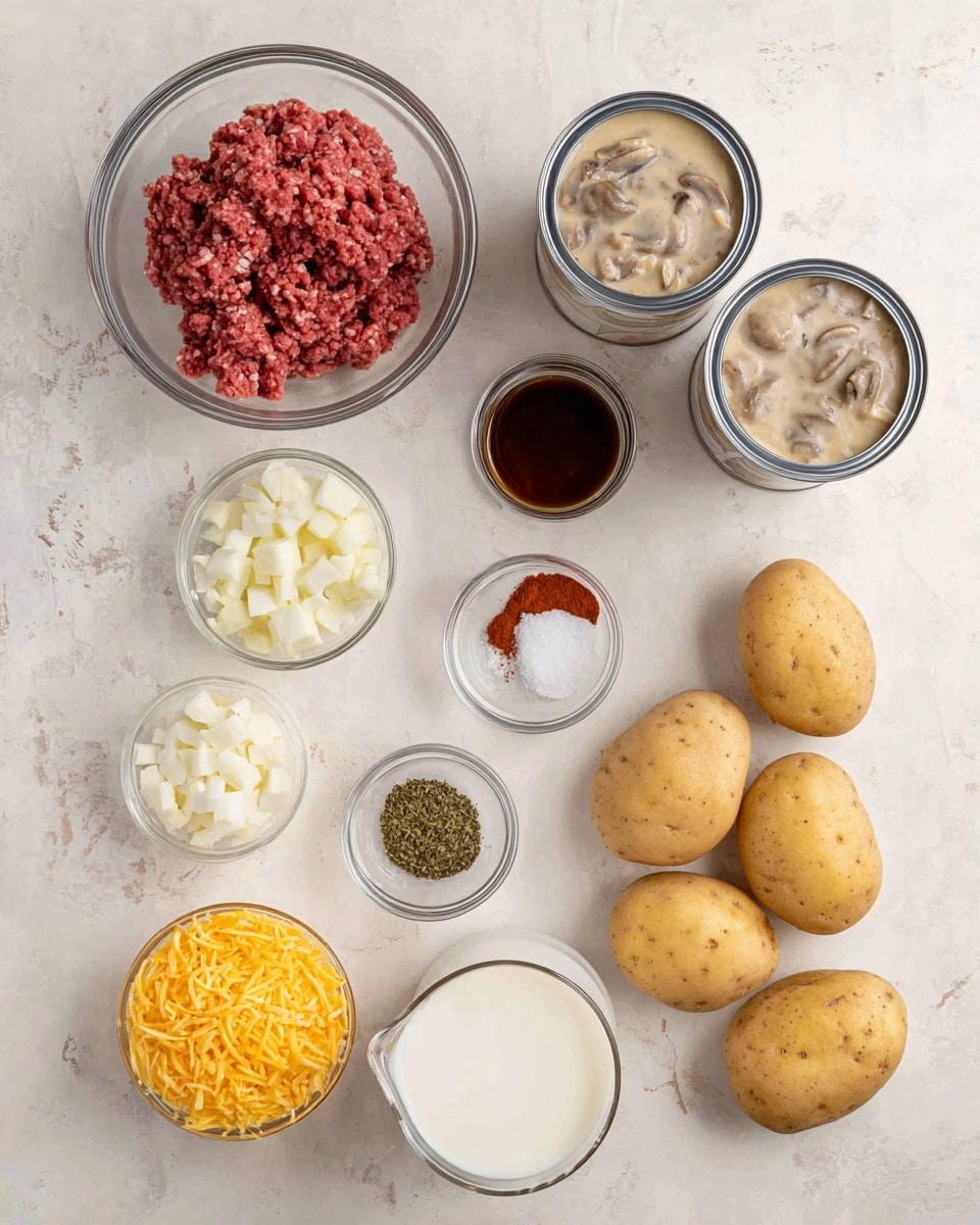 The image shows eight cooking ingredients arranged neatly on a white marbled surface. In the top left, a clear glass bowl holds raw ground meat with a reddish and textured look. To the right, two opened cans contain thick, creamy mushroom soup with visible mushroom pieces. Just below the meat, a small clear bowl is filled with small white onion cubes. A small bowl below it contains shredded bright yellow cheese. Near the center, a small white bowl is divided into three parts, holding white powder, green dried herbs, and red paprika powder. Next to that, a small clear bowl with dark brown sauce sits near a clear cup filled with white milk. At the bottom right, four whole light brown potatoes are grouped together. The photo taken with an iphone --ar 4:5 --v 7