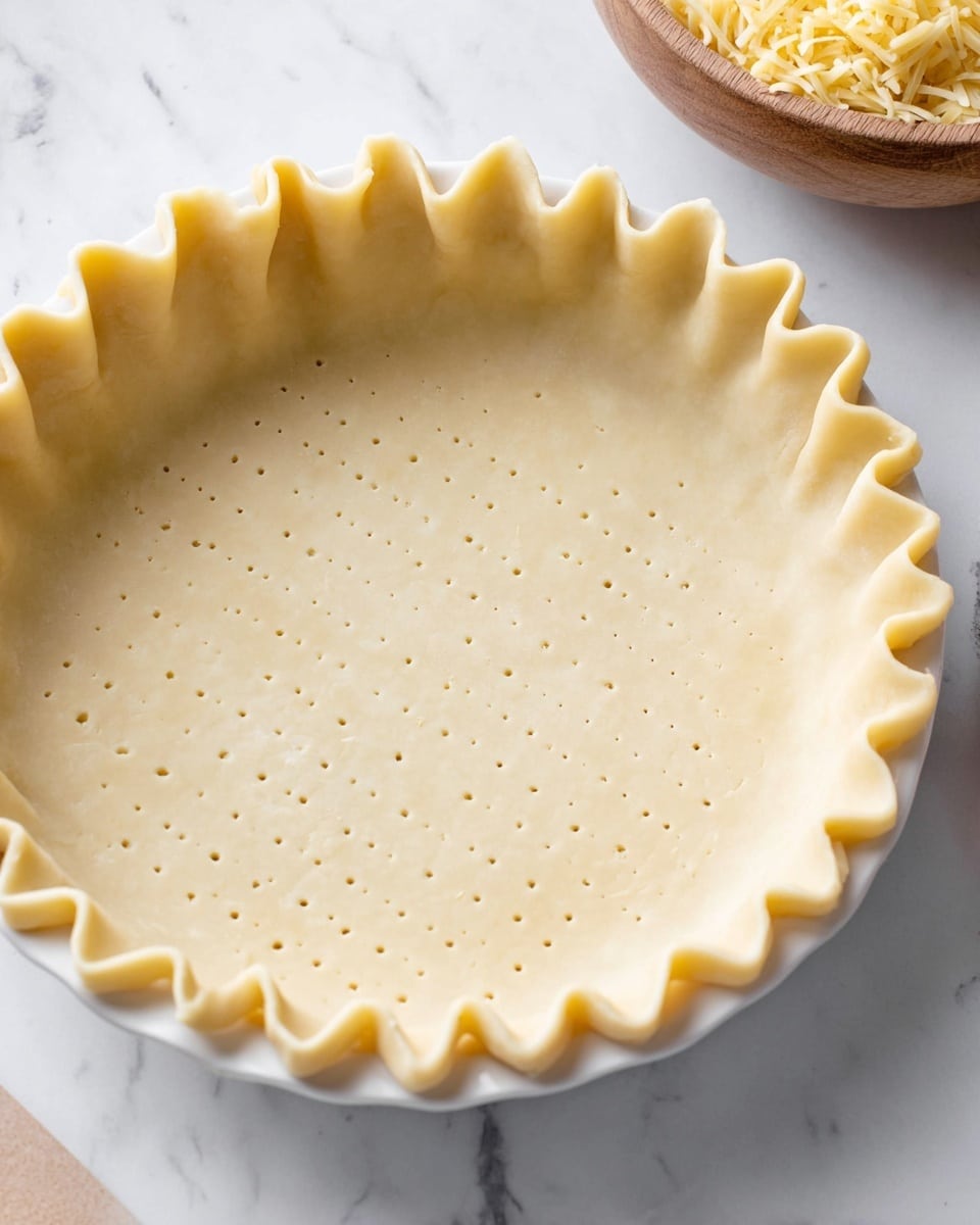 A close-up of a white pie dish filled with unbaked pie crust dough, which has a light beige color and a smooth texture with small fork holes evenly spaced in rows across the bottom. The dough edges are folded into soft, rippled waves around the rim of the dish. The dish sits on a white marbled surface. In the upper right corner, part of a wooden bowl with shredded pale yellow cheese is visible. Photo taken with an iphone --ar 4:5 --v 7