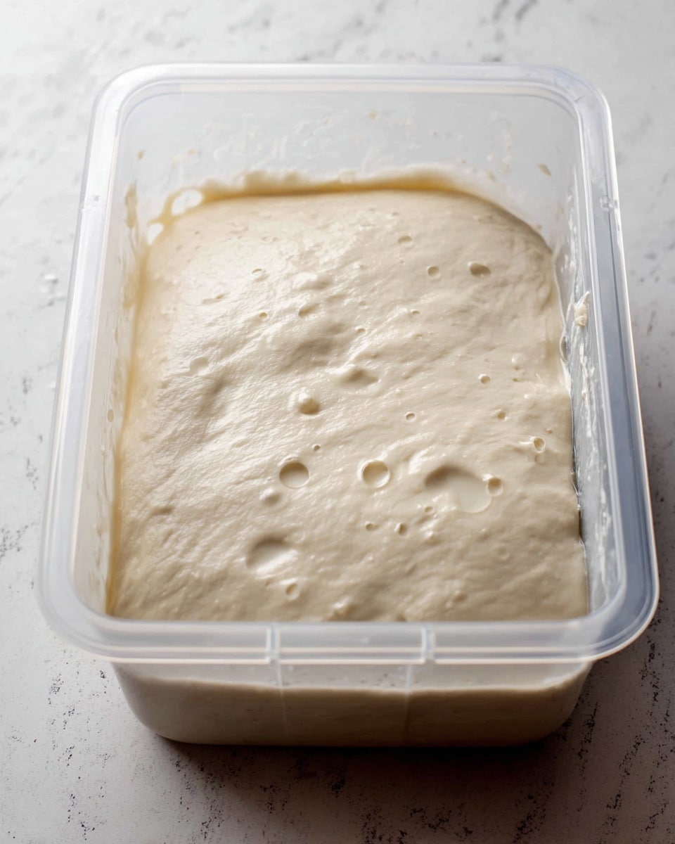 A clear rectangular plastic container holds a thick, pale beige dough. The dough surface is smooth with a few small and medium-sized bubbles scattered around. The container sits on a white marbled surface. The dough fills most of the container, with rounded corners and soft edges, looking soft and slightly sticky. Photo taken with an iphone --ar 4:5 --v 7