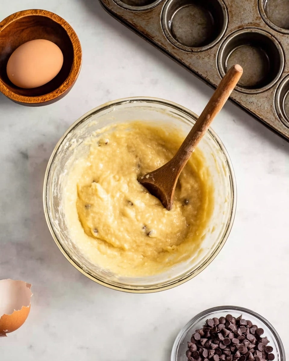 A clear glass bowl filled with thick, light yellow batter that has some small lumps, with a wooden spoon resting inside the bowl, coated in batter. To the top right of the bowl, there is a dark metal muffin tray with empty round cups. To the top left, there is a small wooden bowl holding two eggs, one with a crack in its shell. At the bottom right corner, part of a glass bowl filled with small dark chocolate chips is visible. All items lay on a white marbled surface. Photo taken with an iphone --ar 4:5 --v 7