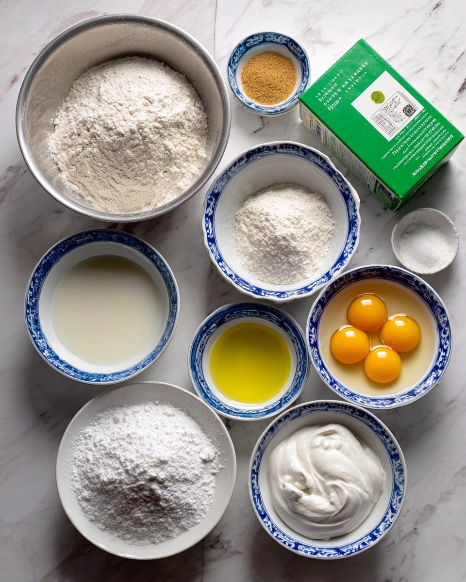The image shows eight white bowls with different ingredients for pistachio muffins arranged on a white marbled surface. At the top left is a large silver mixing bowl filled with a white powdery mix of flour, baking powder, and salt. To the right, there is a small white bowl with light brown brown sugar. Below that, a small white bowl holds a yellow liquid mix of melted butter, vanilla, and almond extract. Next to it is a white bowl with two raw eggs with bright yellow yolks. Below these is a bowl of vegetable oil, with a clear, light yellow liquid. On the left side, there is a white bowl with white milk, and next to it, another bowl filled with granulated white sugar. Near the bottom is a bowl filled with thick white sour cream. In the center, leaning against the bowls, there is a bright green box of instant pistachio pudding mix. The bowls all have blue and white patterns around their edges. photo taken with an iphone --ar 4:5 --v 7