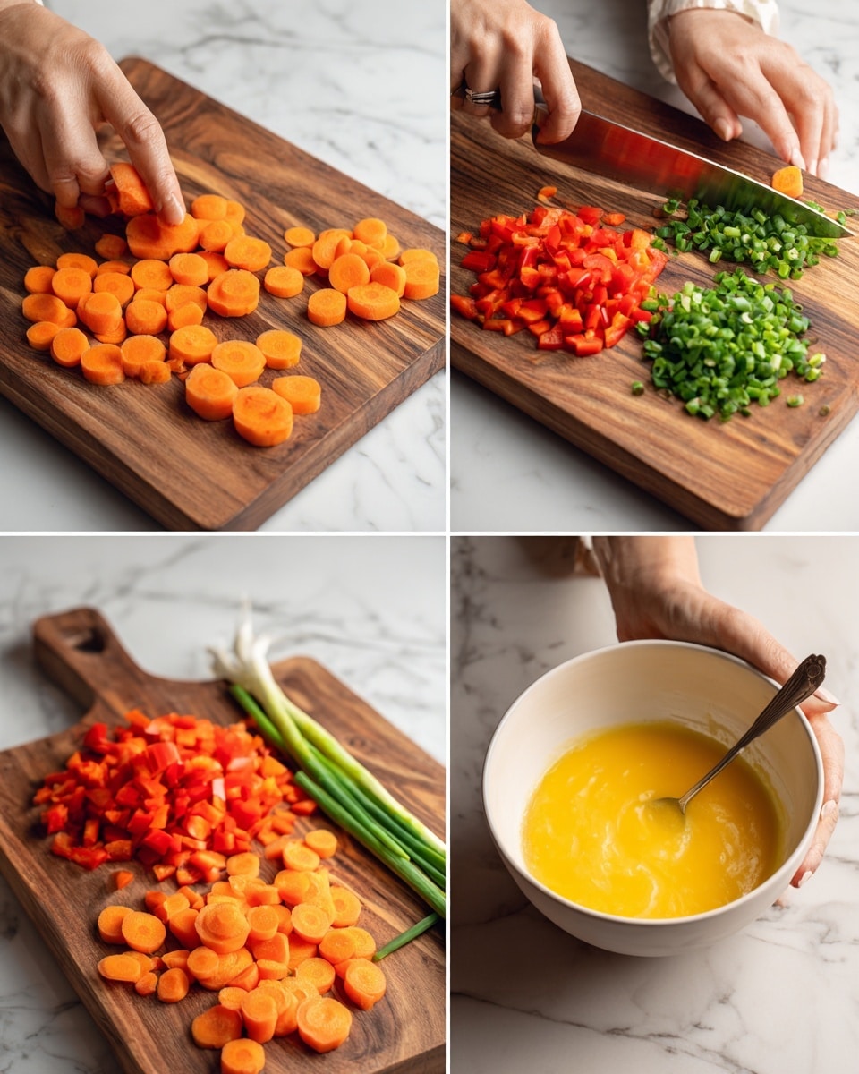The image shows four scenes of food preparation on a wooden board with a white marbled texture in the background. In the first scene, a woman's hand is slicing an orange carrot into round pieces with more carrots and green onions beside her. In the second scene, the same woman is chopping red bell pepper pieces next to the carrot slices and some whole green onions. The third scene shows the woman cutting green onions finely, with a pile of chopped red bell peppers and carrot slices in view. In the fourth scene, the woman’s two hands hold a white bowl filled with a smooth yellow mixture, stirring it with a spoon. photo taken with an iphone --ar 4:5 --v 7