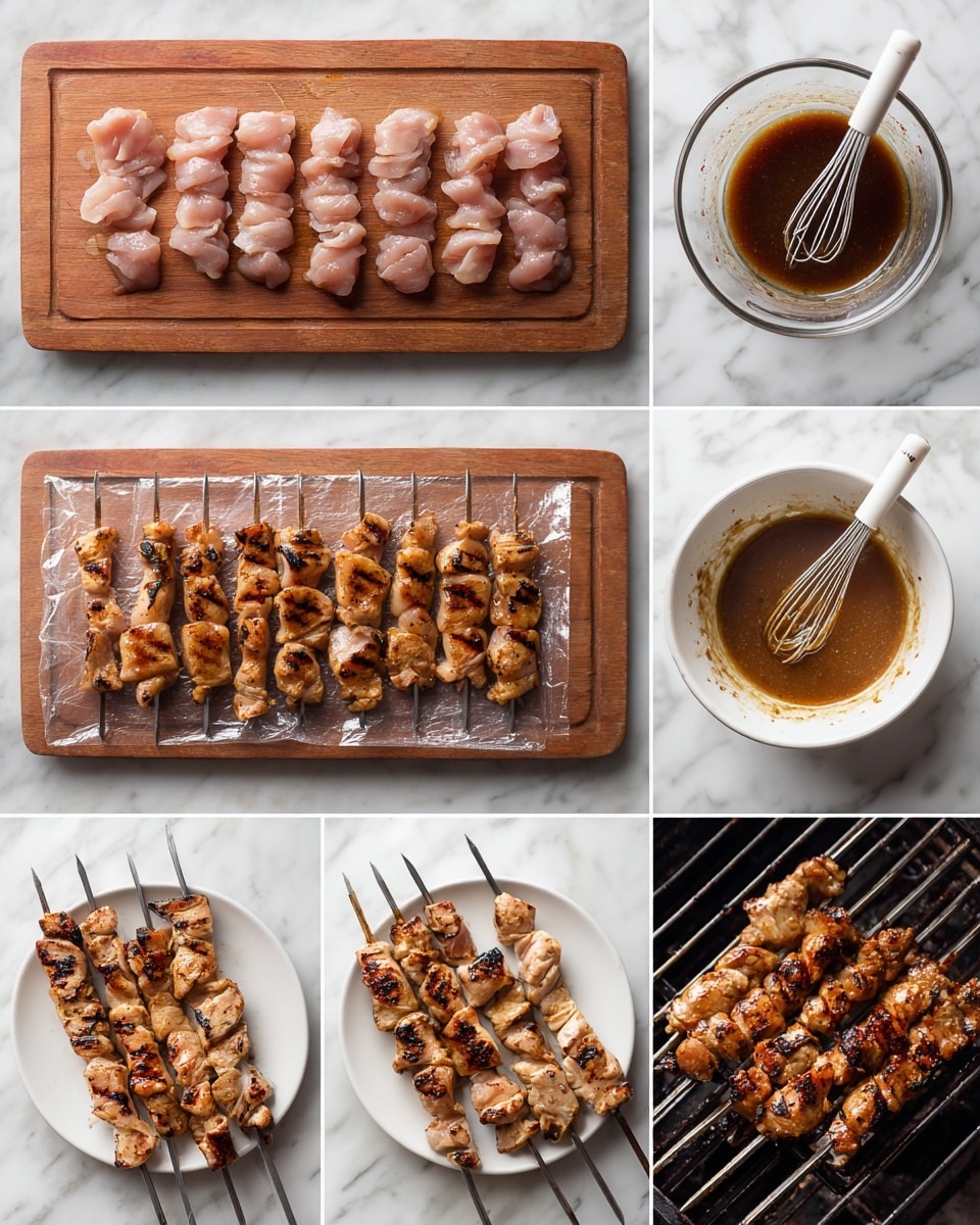 The image shows a step-by-step guide to making grilled chicken skewers. The first layer is raw pink chicken pieces placed neatly in rows on a wooden board. The second layer shows a clear glass measuring cup with a dark brown marinade inside, and a white whisk resting in it on a wooden surface. The third layer shows the chicken pieces marinating inside a clear plastic bag with the brown marinade covering them, lying flat on a wooden surface. The fourth layer shows the marinated chicken pieces inside a white bowl with the sauce coating them. The fifth layer shows the chicken pieces threaded evenly onto metal skewers, with a light brown color and textured by the sauce, lying on a gray countertop. The sixth layer shows the skewers placed on a black grill with the uncooked chicken still light brown and slightly shiny. The seventh layer shows the skewers cooking on the grill with grill marks appearing and the chicken turning golden brown. The last layer shows the fully grilled chicken skewers with char marks and a rich golden-brown color, served on a white plate. The whole scene is set on a white marbled surface. Photo taken with an iphone --ar 4:5 --v 7